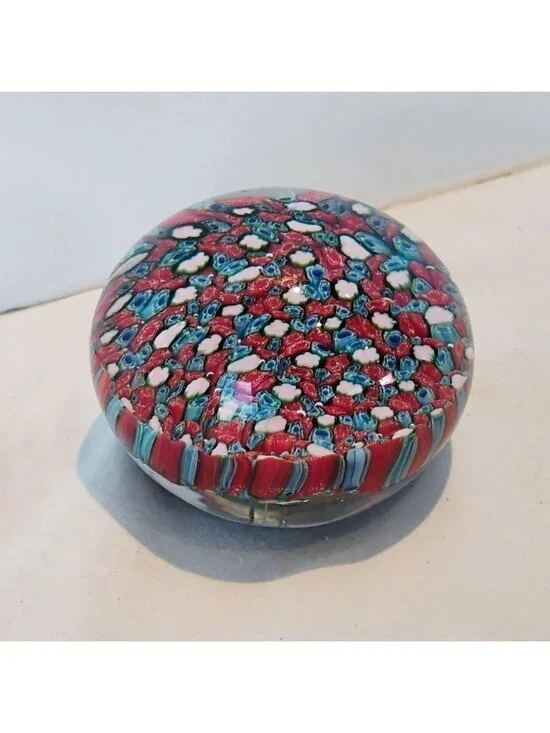 Art Glass Mouth Blown Millefiori Paperweight Red Blue White Flowers 3.5" - Picture 2 of 6